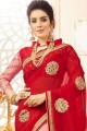 Georgette Saree in Pink & Red with Embroidered