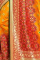 Orange & Red Embroidered Saree in Art Silk