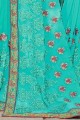Turquoise Blue Saree in Embroidered Georgette