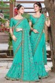 Turquoise Blue Saree in Embroidered Georgette