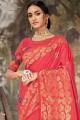 Dark Pink Saree in Linen & Silk with Embroidered
