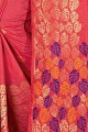 Dark Pink Saree in Linen & Silk with Embroidered