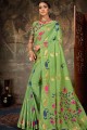 Embroidered Linen & Silk Saree in Green