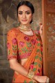 Saree in Orange Linen & Silk with Embroidered