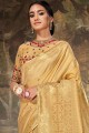 Cream Embroidered Saree in Linen & Silk