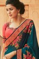 Embroidered Georgette & Satin Saree in Teal Blue