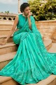Embroidered Satin Saree in Sea Green with Blouse