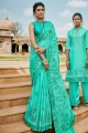 Embroidered Satin Saree in Sea Green with Blouse