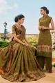 Olive Green Satin & Silk Embroidered Saree with Blouse