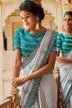 Light Grey Embroidered Saree in Satin