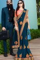 Beautiful Art Silk Embroidered Teal Blue Saree with Blouse