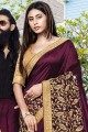 Art Silk Saree in Wine with Embroidered