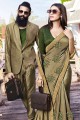 Art Silk Saree in Light Olive Green with Embroidered