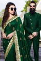 Dark Green Art Silk Saree with Embroidered