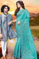 Embroidered Art Silk Saree in Turquoise Blue with Blouse