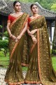 Art Silk Saree in Olive Green with Embroidered