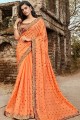 Saree in Orange Satin & Silk with Embroidered