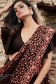 Embroidered Saree in Dark Brown Silk