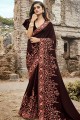 Embroidered Saree in Dark Brown Silk