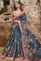 Steel Blue Saree in Embroidered Satin & Silk