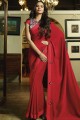 Satin & Silk Embroidered Red Saree with Blouse