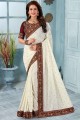Embroidered Silk Saree in Off White with Blouse