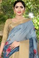 Saree in Steel Blue Linen & Silk with Printed