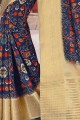 Navy Blue Printed Saree in Linen & Silk