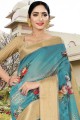 Linen & Silk Printed Blue Saree with Blouse