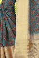 Dark Blue Saree with Printed Linen & Silk