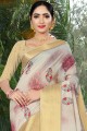 Printed Linen & Silk Saree in Cream
