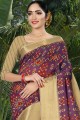 Printed Linen & Silk Saree in Purple with Blouse