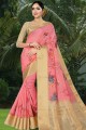 Linen & Silk Saree with Printed in Pink