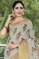 Printed Linen & Silk Saree in Light Grey