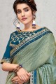 Embroidered Saree in Olive Green Jacquard & Silk