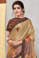 Embroidered Georgette & Silk Saree in Beige with Blouse