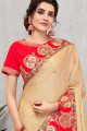 Embroidered Georgette & Silk Saree in Cream with Blouse
