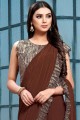 Net Saree with Embroidered in Brown