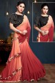 Net Saree with Embroidered in Red & Peach