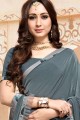 Embroidered Saree in Grey & Peach Net