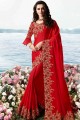 Embroidered Georgette & Silk Red Saree Blouse