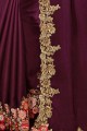 Satin & Silk Saree in Wine  with Embroidered
