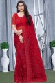 Net Saree in Red with Embroidered