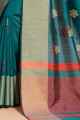 Saree in Teal Blue Cotton with Thread