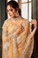 Embroidered Net Saree in Light Yellow