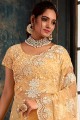 Embroidered Net Saree in Light Yellow