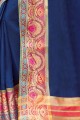 Elegant Navy Blue Embroidered Silk Saree