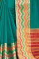 Embroidered Silk Saree in Teal Green