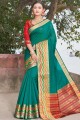 Embroidered Silk Saree in Teal Green