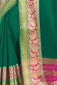 Embroidered Silk Saree in Dark Green with Blouse